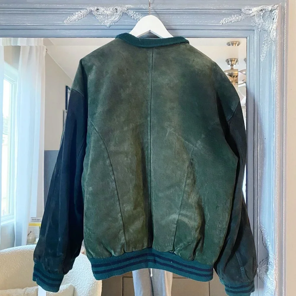 Goldway Retro Vintage Colorblock Navy Green‎ Suede Leather Bomber Jacket L